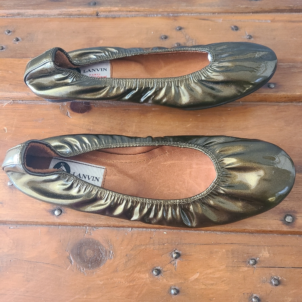 Lanvin Women Patent Leather Kaki Ballet Flat  Size 37 1/2 - Picture 12 of 14